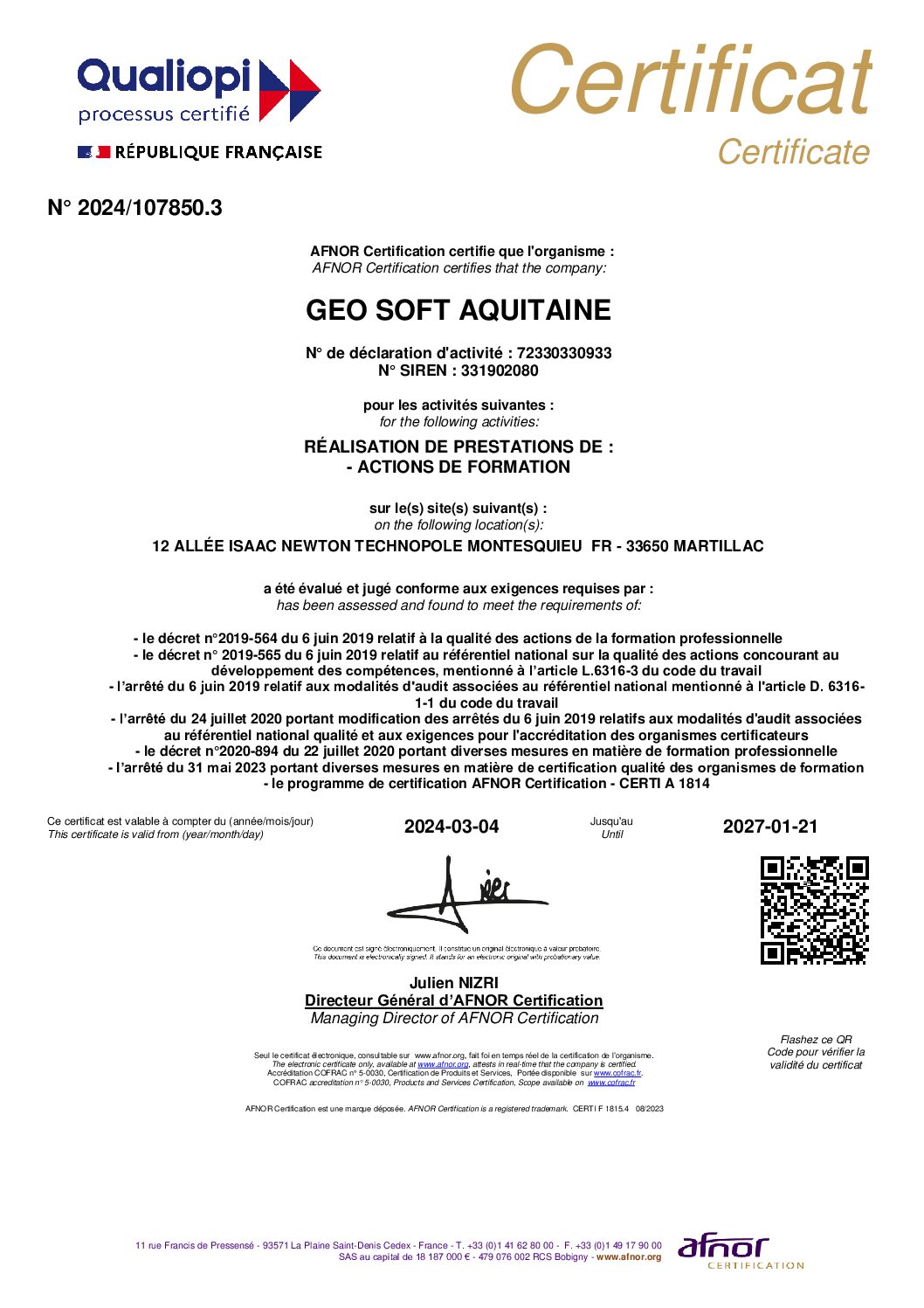CERTIFICAT QUALIOPI GSA